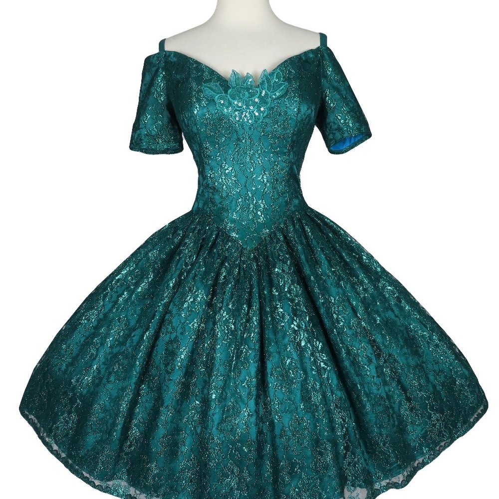 Vintage 80s Gunne Sax Green Metallic Lurex Floral Lace Full Skirt Prom Dress S - Picture 2 of 12